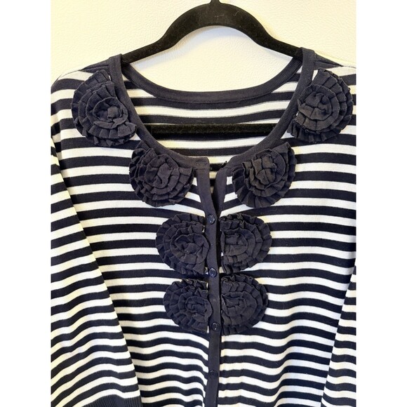 Christopher Banks Flower Embellished Cardigan Knit Navy White Striped Sweater XL - Picture 3 of 8
